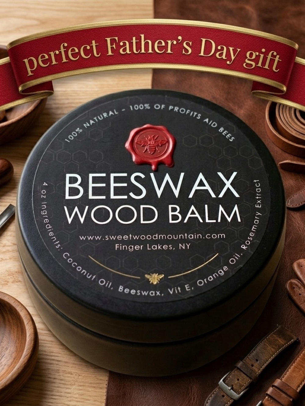 Beeswax Wood & Leather Balm Black Tin - Natural Conditioner Moisturizer 4 oz